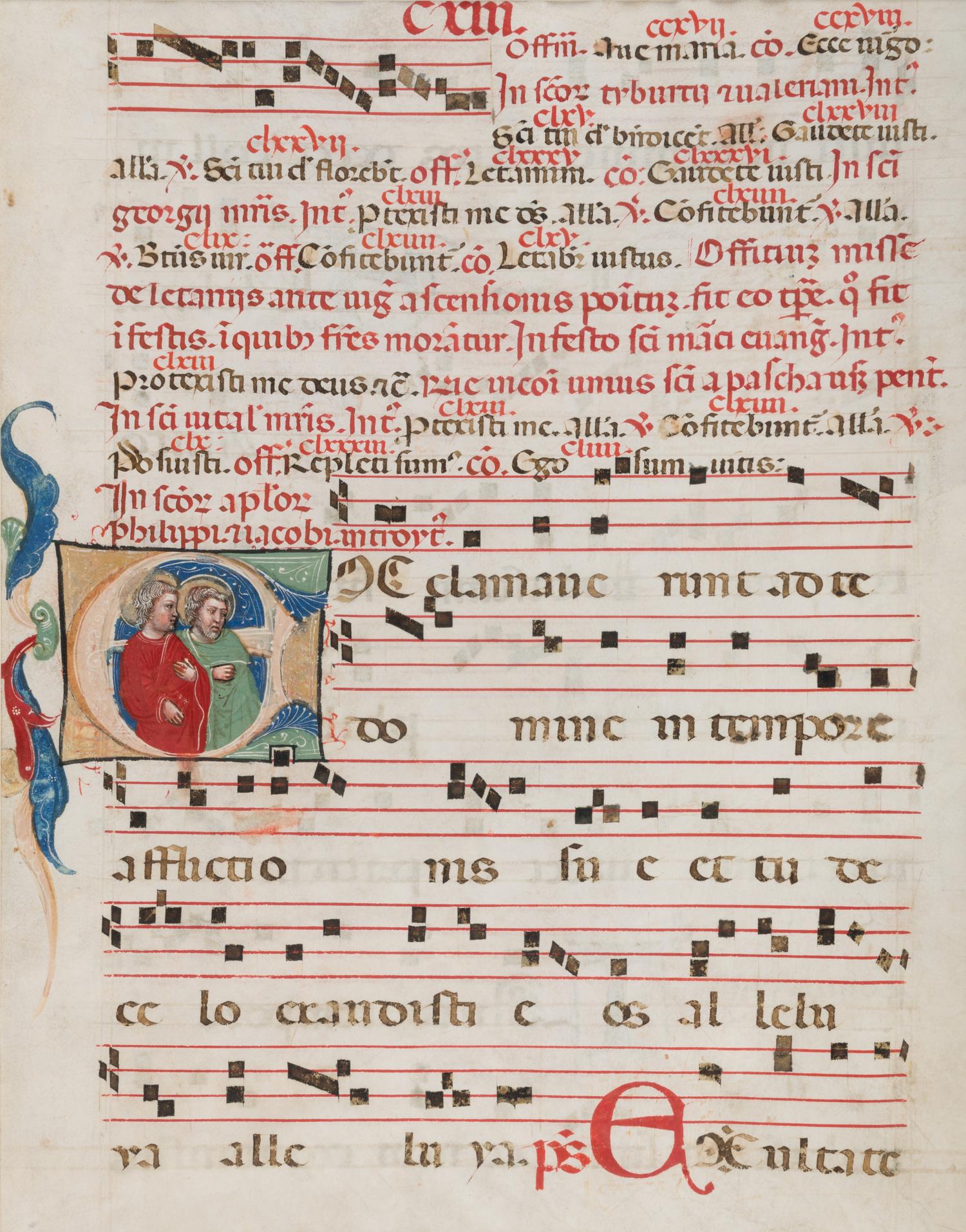 WORKSHOP OF CRISTOFORO CORTESE (active Venice, c. 1390-before 1445) A leaf from a Gradual, with a historiated initial ‘E’ of Saints Philip and James, in Latin, illuminated manuscript on parchment [Northern Italy, Venice, c. 1400-1415]