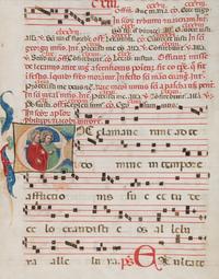 WORKSHOP OF CRISTOFORO CORTESE (active Venice, c. 1390-before 1445) A leaf from a Gradual, with a historiated initial ‘E’ of Saints Philip and James, in Latin, illuminated manuscript on parchment [Northern Italy, Venice, c. 1400-1415]