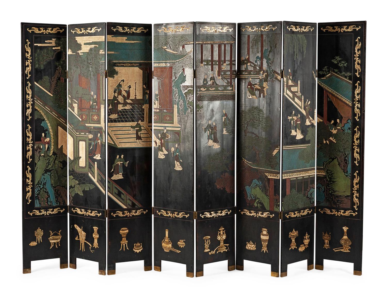 A Chinese Export Coromandel Eight-Panel Floor Screen