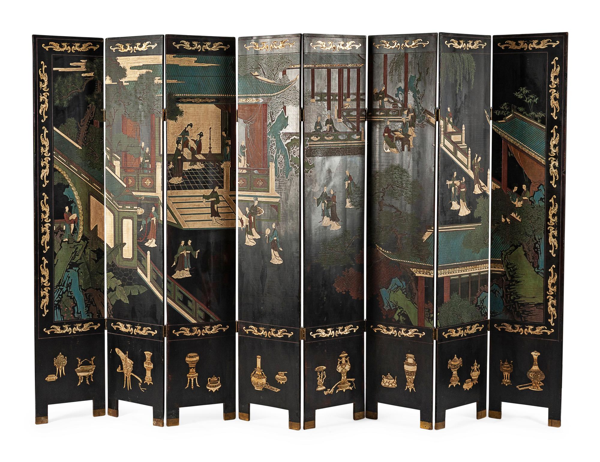 A Chinese Export Coromandel Eight-Panel Floor Screen