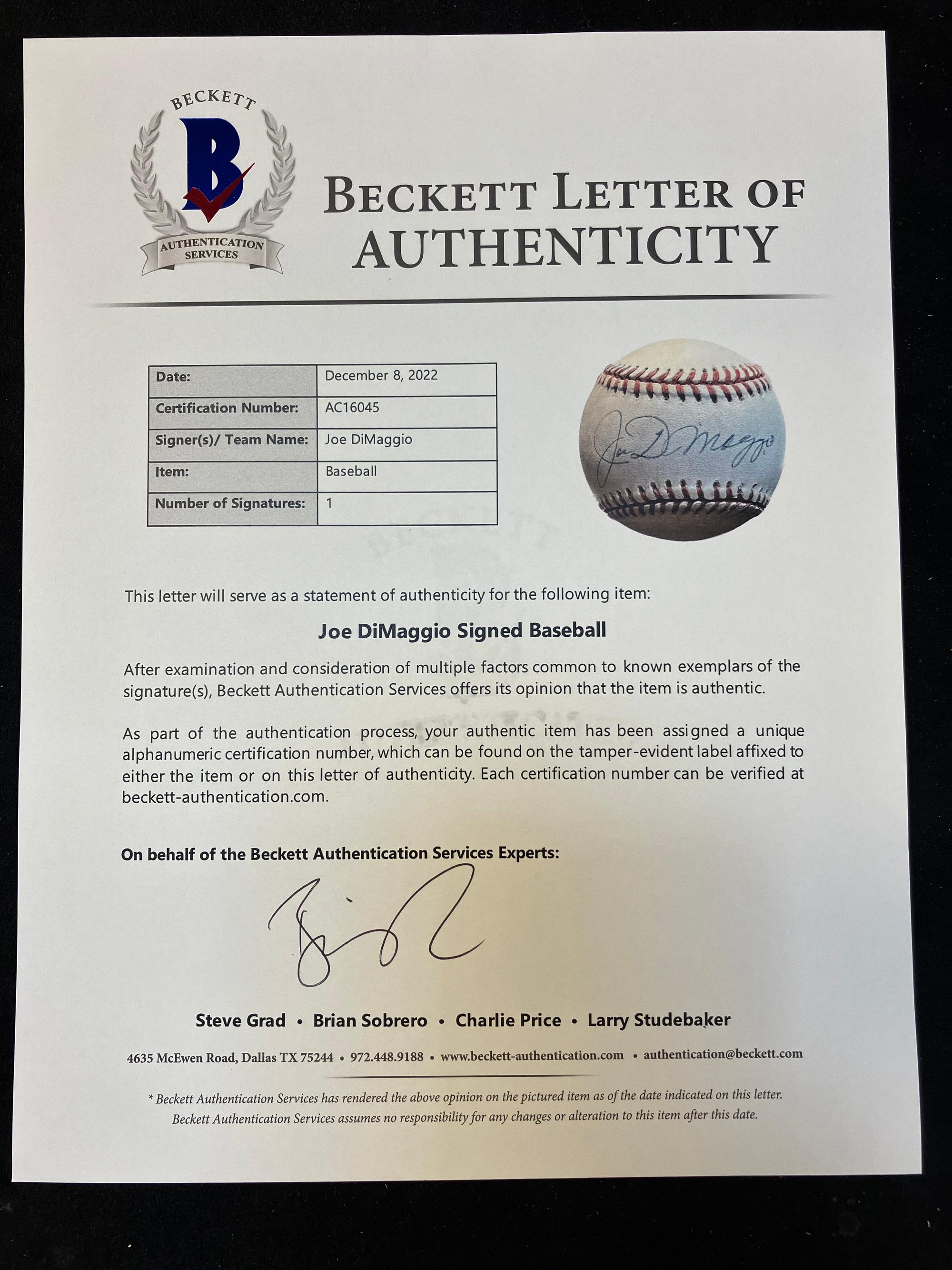 A Joe DiMaggio Single Signed Autograph Baseball (Beckett Authentication Services Letter),