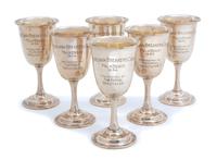 A Set of Six English Silver Goblets, Possibly Birmingham, 20th Century, having giltwash interior, inscribed Poinciana-Breakers Casino