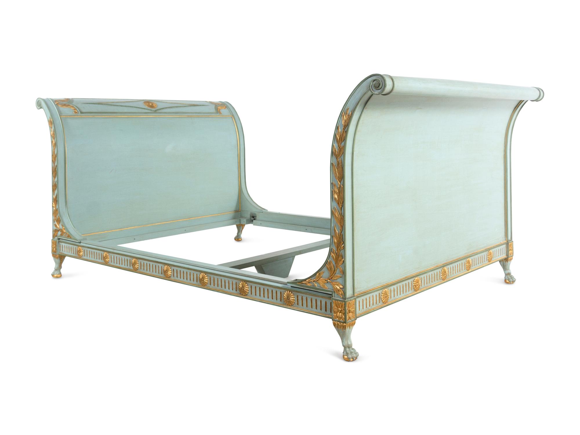 A Custom Directoire Style Blue-Painted and Parcel Gilt Double-Size Bed