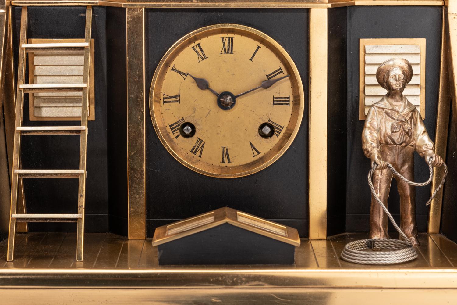 A French Gilt and Patinated Bronze and Marble Industrial Quarterdeck Automaton Clock, Andre Romain Guilmet