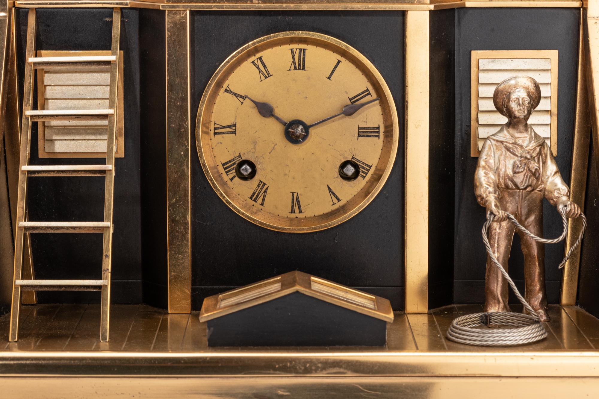 A French Gilt and Patinated Bronze and Marble Industrial Quarterdeck Automaton Clock, Andre Romain Guilmet