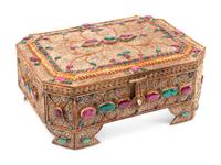 An Emerald and Ruby Mounted Silvered Metal Filigree Box