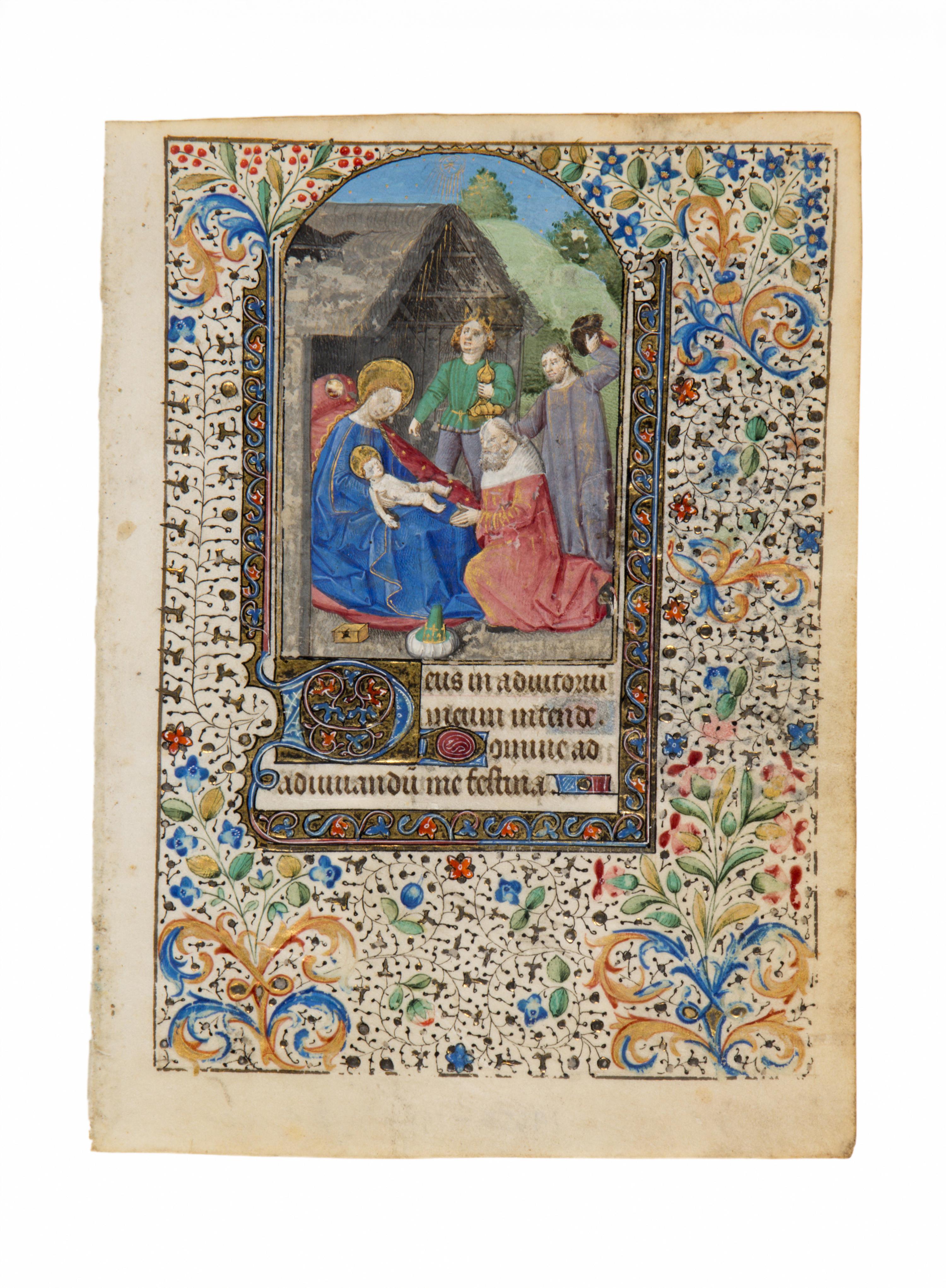 WORKSHOP OF THE MAÎTRE FRANÇOIS (FRANÇOIS LE BARBIER?) (active 1460–1480) Leaf from a Book of Hours, with Adoration of the Magi, in Latin, illuminated manuscript on parchment [France, Paris, c. 1480]