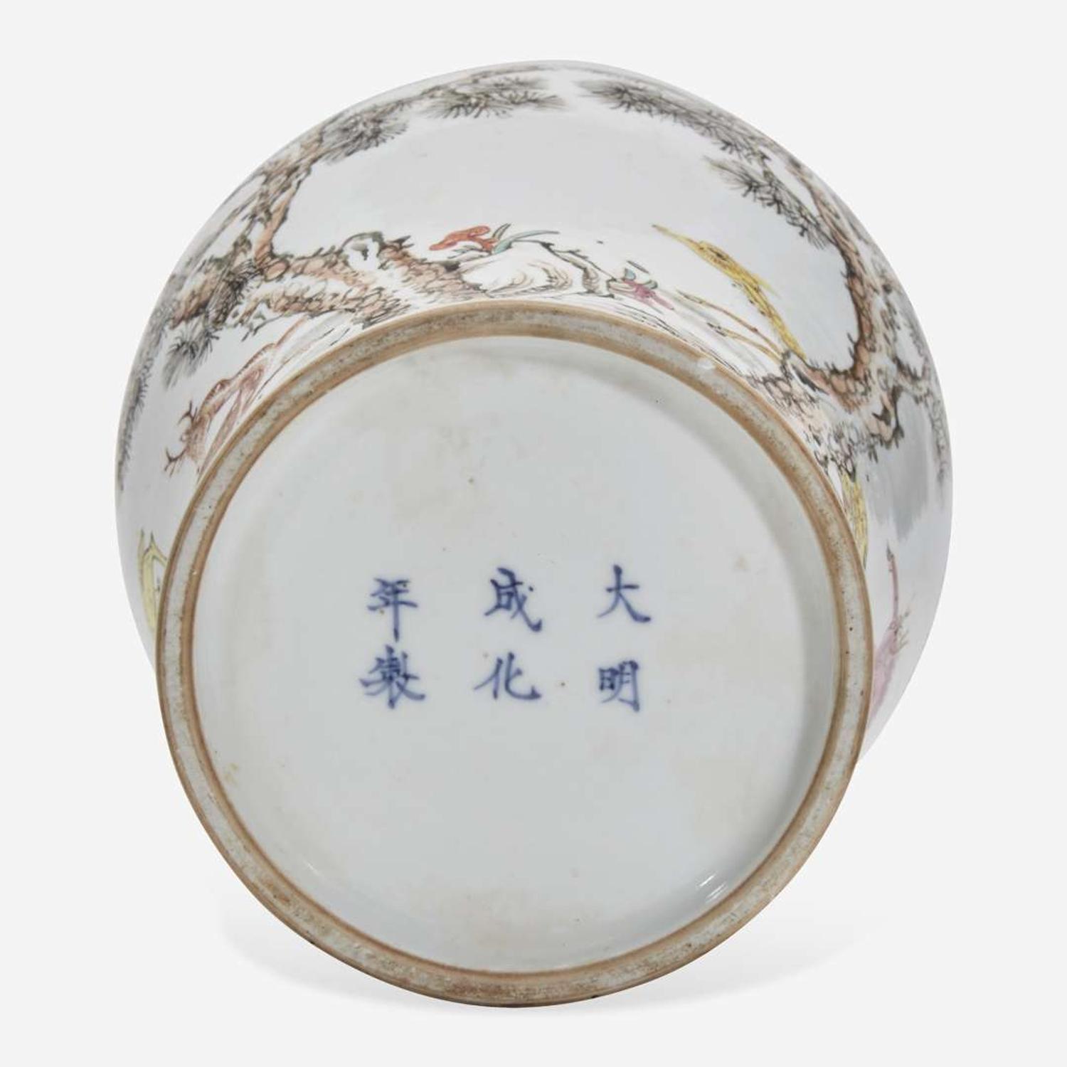 A Chinese famille rose-decorated "Deer and Crane" meiping vase 粉彩“鹿鹤”梅瓶 Chenghua six-character mark but later ????? ???????