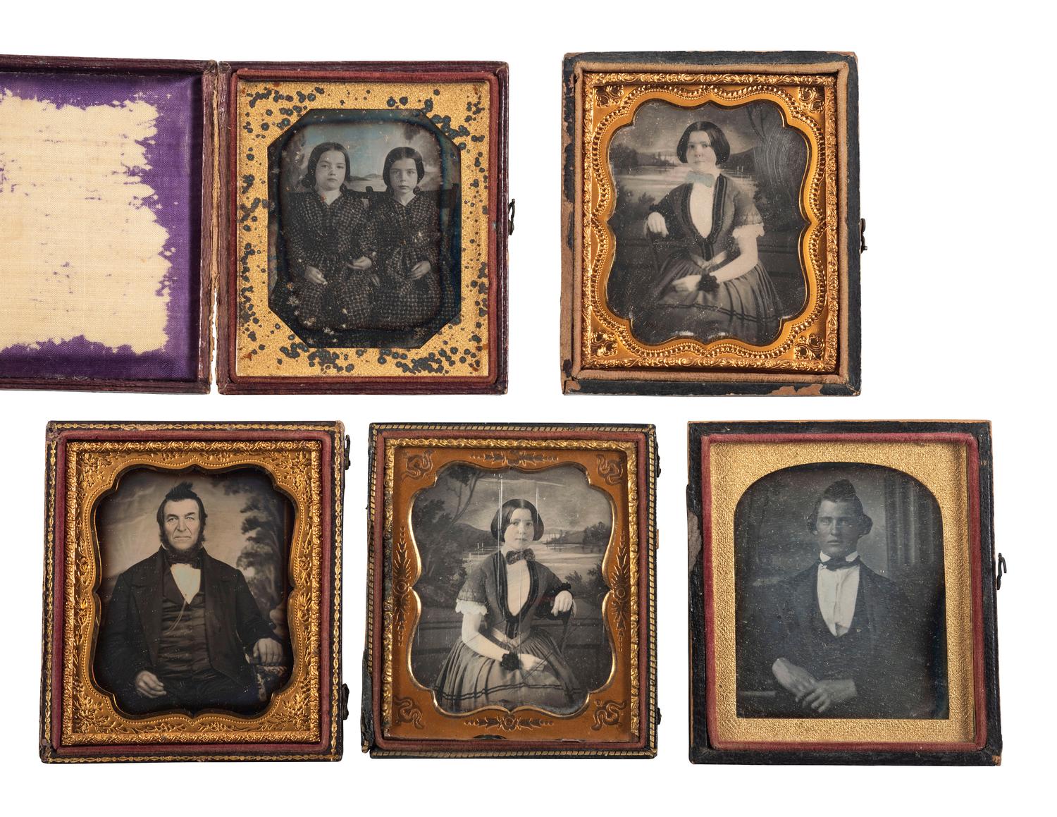 [EARLY PHOTOGRAPHY]. 10 sixth plate portraits with painted backdrops, incl. BALL & THOMAS