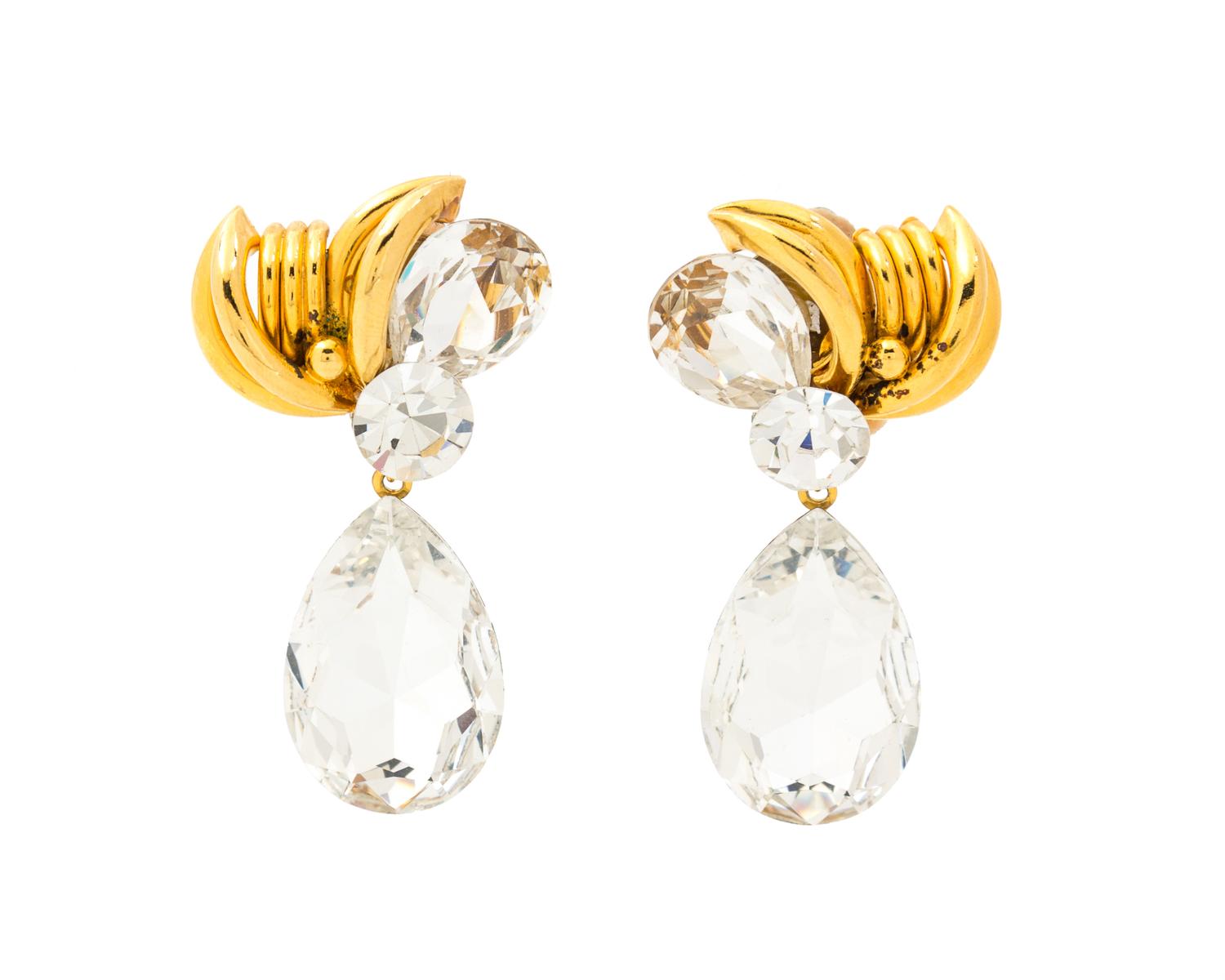 A Pair of Wendy Gell Rhinestone and Goldtone Earclips, 2" length.