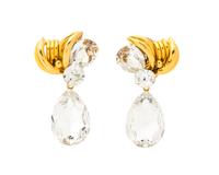 A Pair of Wendy Gell Rhinestone and Goldtone Earclips, 2" length.
