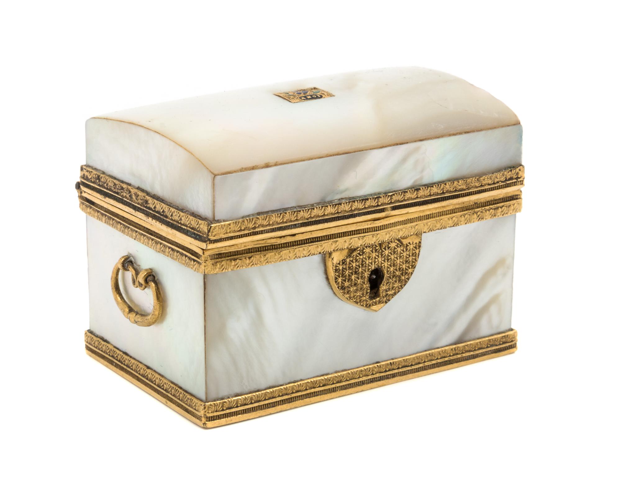 A Palais Royal Gilt Metal Mounted Mother-of-Pearl Sewing Casket, , the lid with an inset polychrome enamel plaque, the gilt metal borde