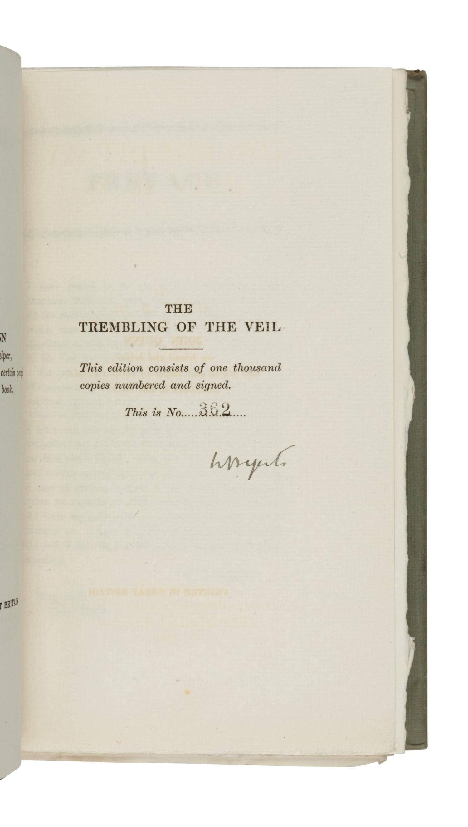 YEATS, William Butler (1865-1939). The Trembling of the Veil . London: Privately printed for subscribers only by T. Werner Laurie, Ltd., 1922.