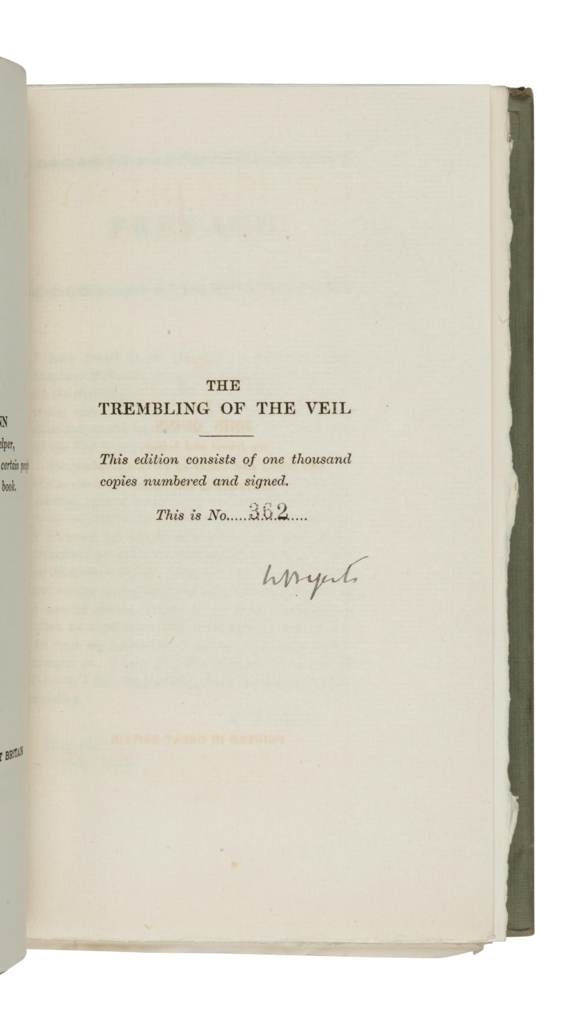 YEATS, William Butler (1865-1939). The Trembling of the Veil . London: Privately printed for subscribers only by T. Werner Laurie, Ltd., 1922.