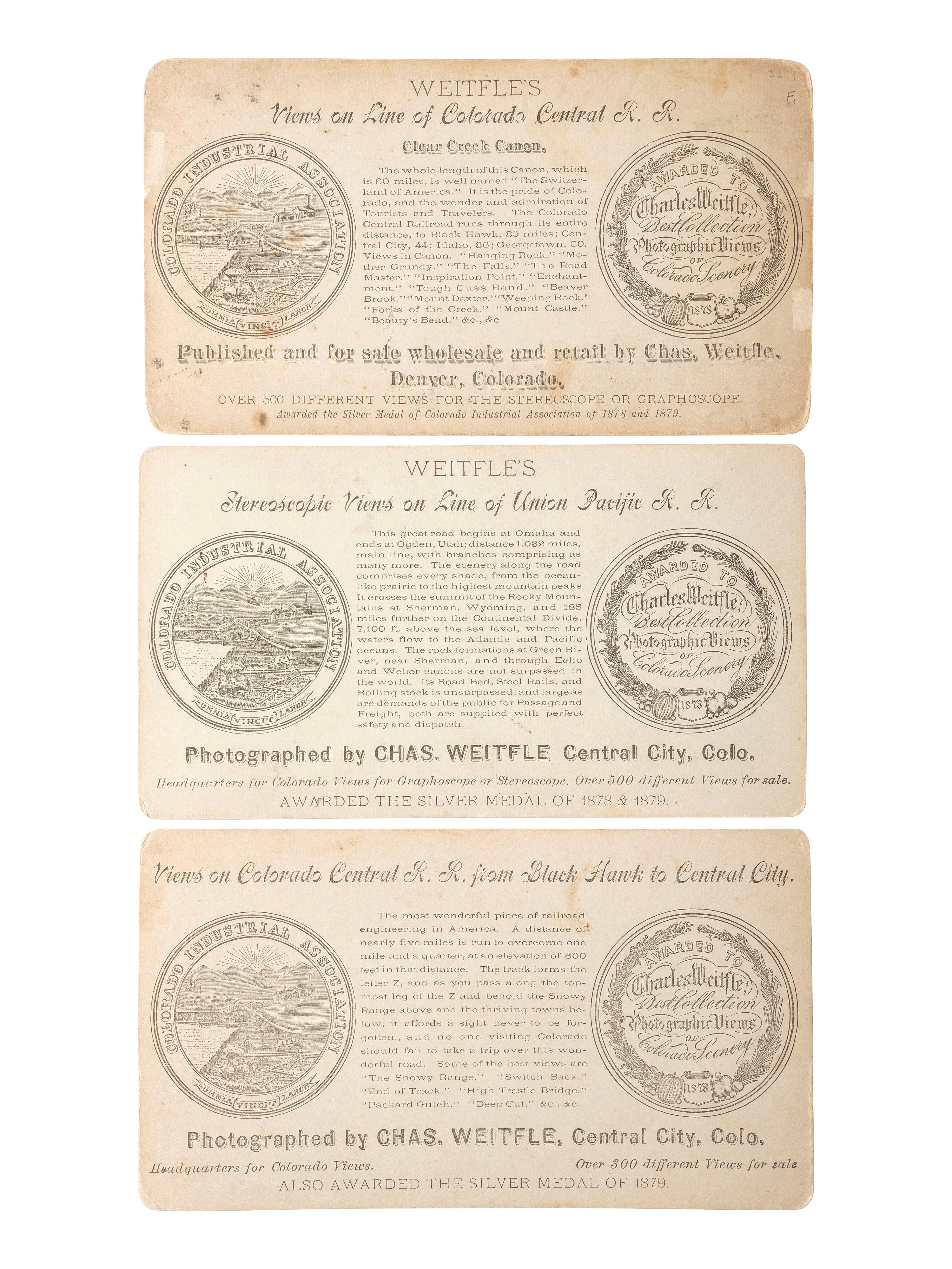 [WESTERN AMERICANA]. WEITFLE, Charles, photographer. A group of 6 stereoviews of Colorado towns, incl. Black Hawk and Leadville.