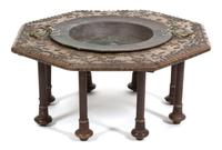 A Spanish Carved Walnut and Copper Inset Brazier Table Height 14 x diameter 33 inches. — POSSIBLY NORTHERN SPAIN, 18TH/19TH CENTURY