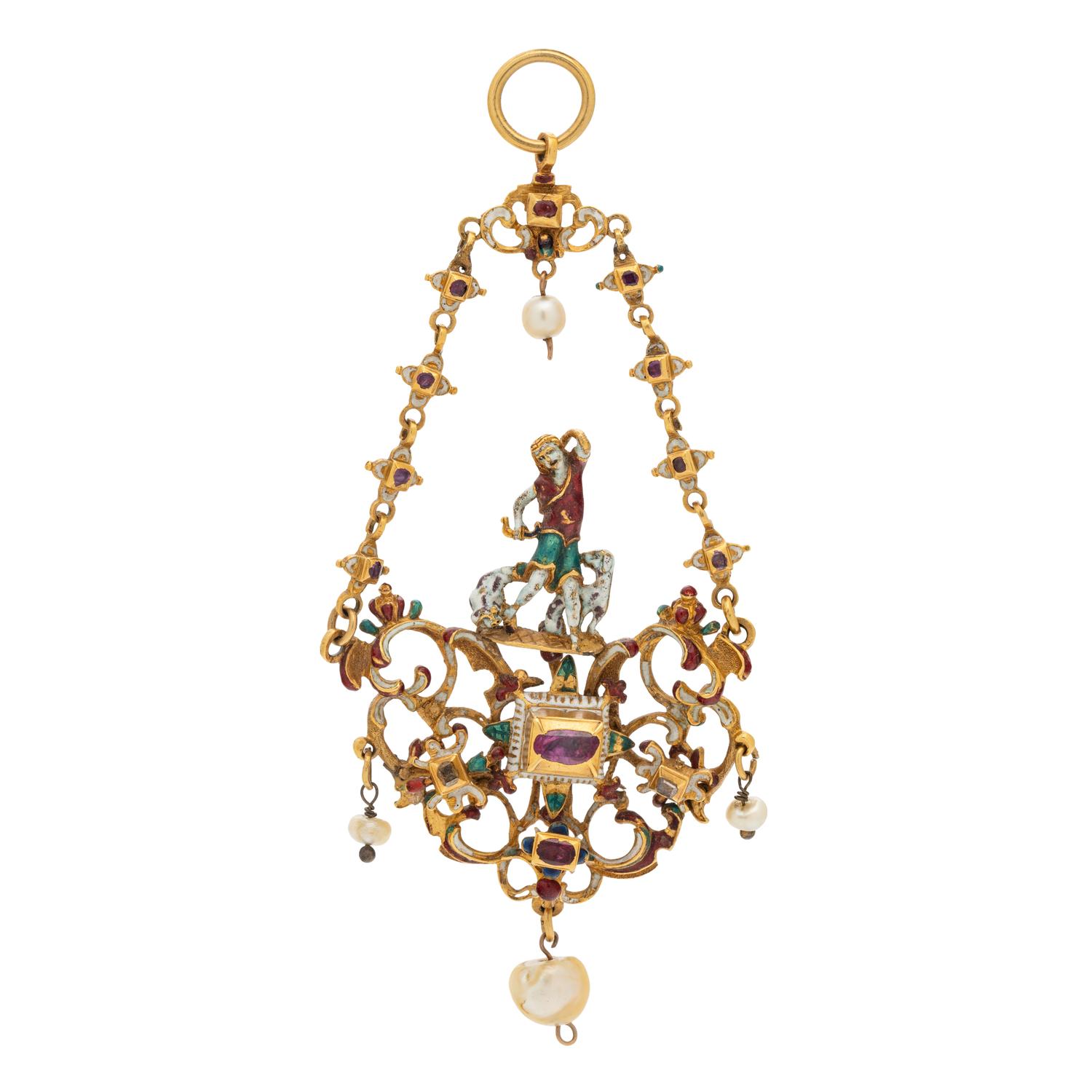 RENAISSANCE, YELLOW GOLD, MULTIGEM AND POLYCHROME ENAMEL PENDANT