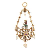 RENAISSANCE, YELLOW GOLD, MULTIGEM AND POLYCHROME ENAMEL PENDANT