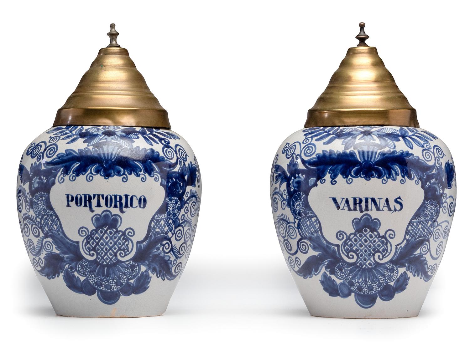 A Pair of Delft Lidded Tobacco Jars