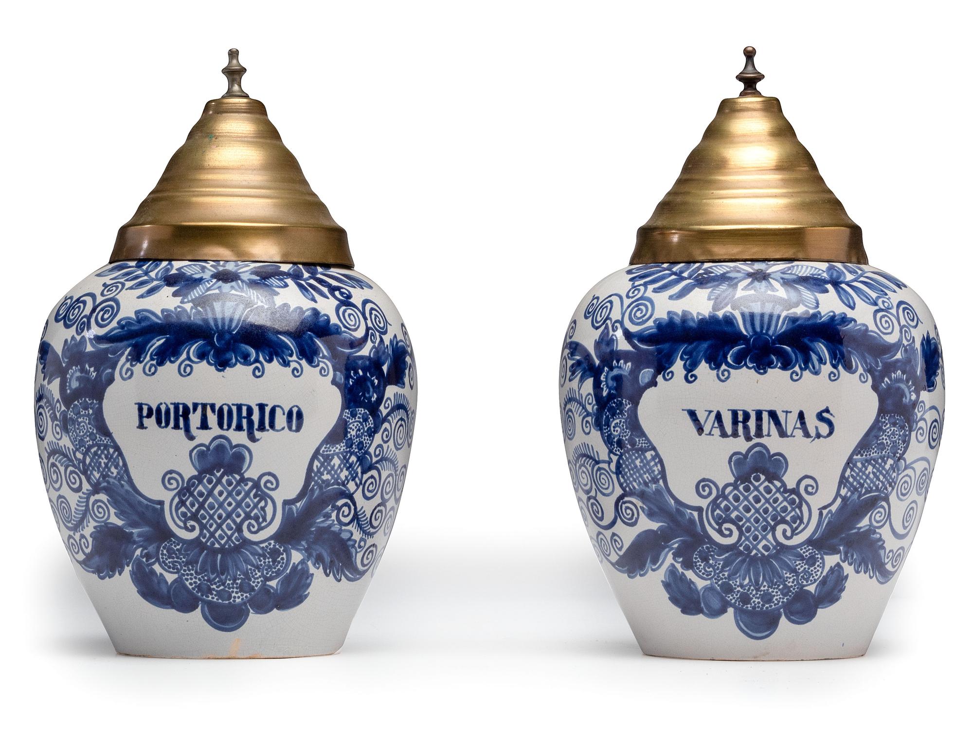 A Pair of Delft Lidded Tobacco Jars