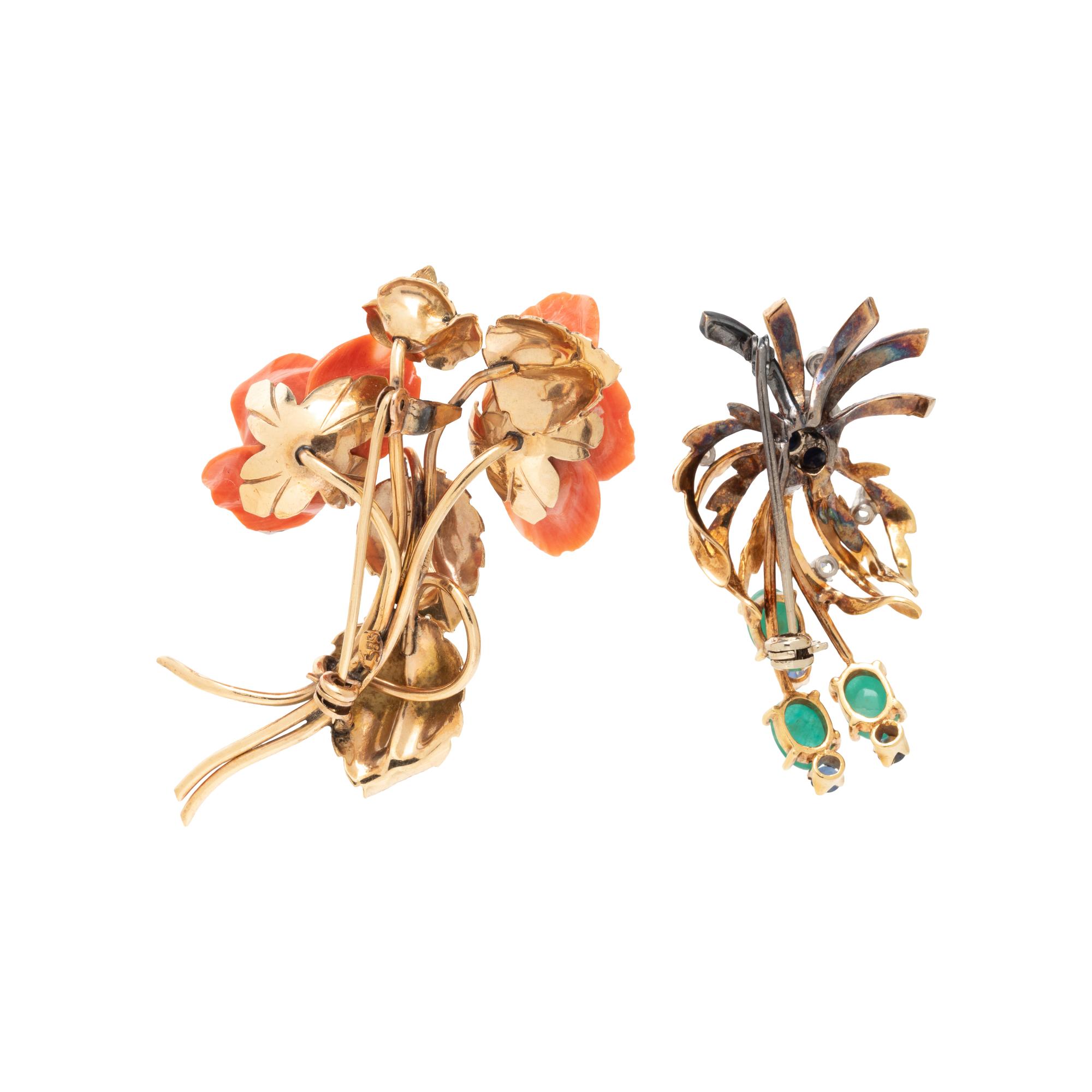 TWO GOLD AND GEMSTONE BROOCHES