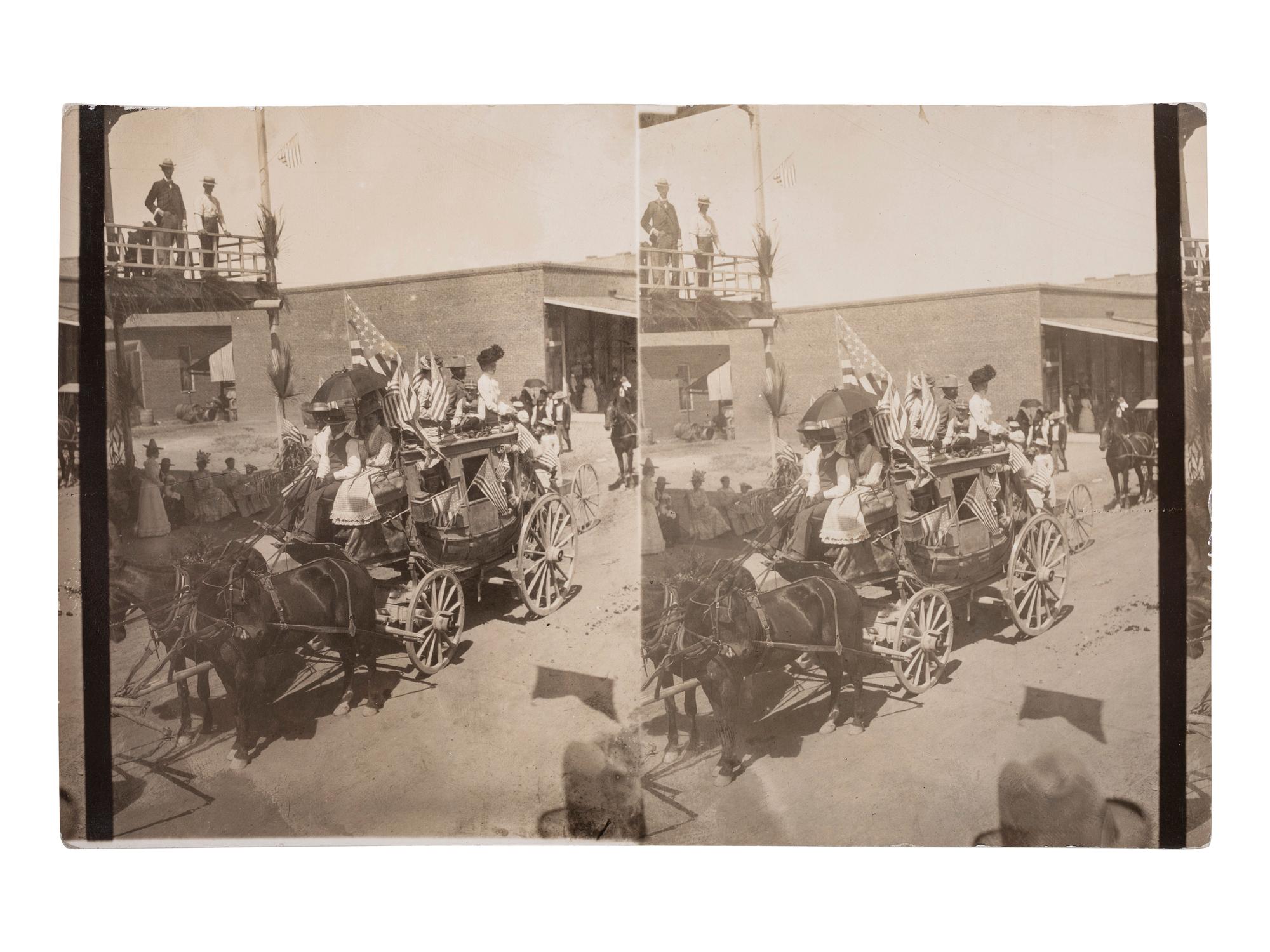 [WESTERN AMERICANA] -- [ARIZONA]. Stereoview of stagecoach parade in Tombstone, Arizona Territory. Ca 1910.