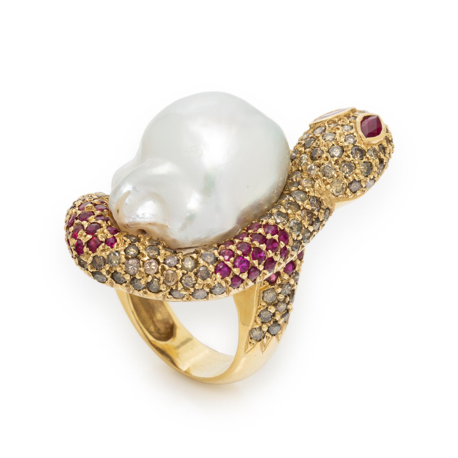 SAZINGG, RUBY, COLORED DIAMOND, BAROQUE CULTURED PEARL, AND YELLOW GOLD SNAKE RING