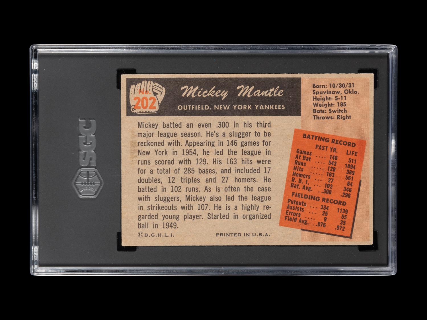 A 1955 Bowman Mickey Mantle Baseball Card No. 202 (SGC 4 VG-EX)