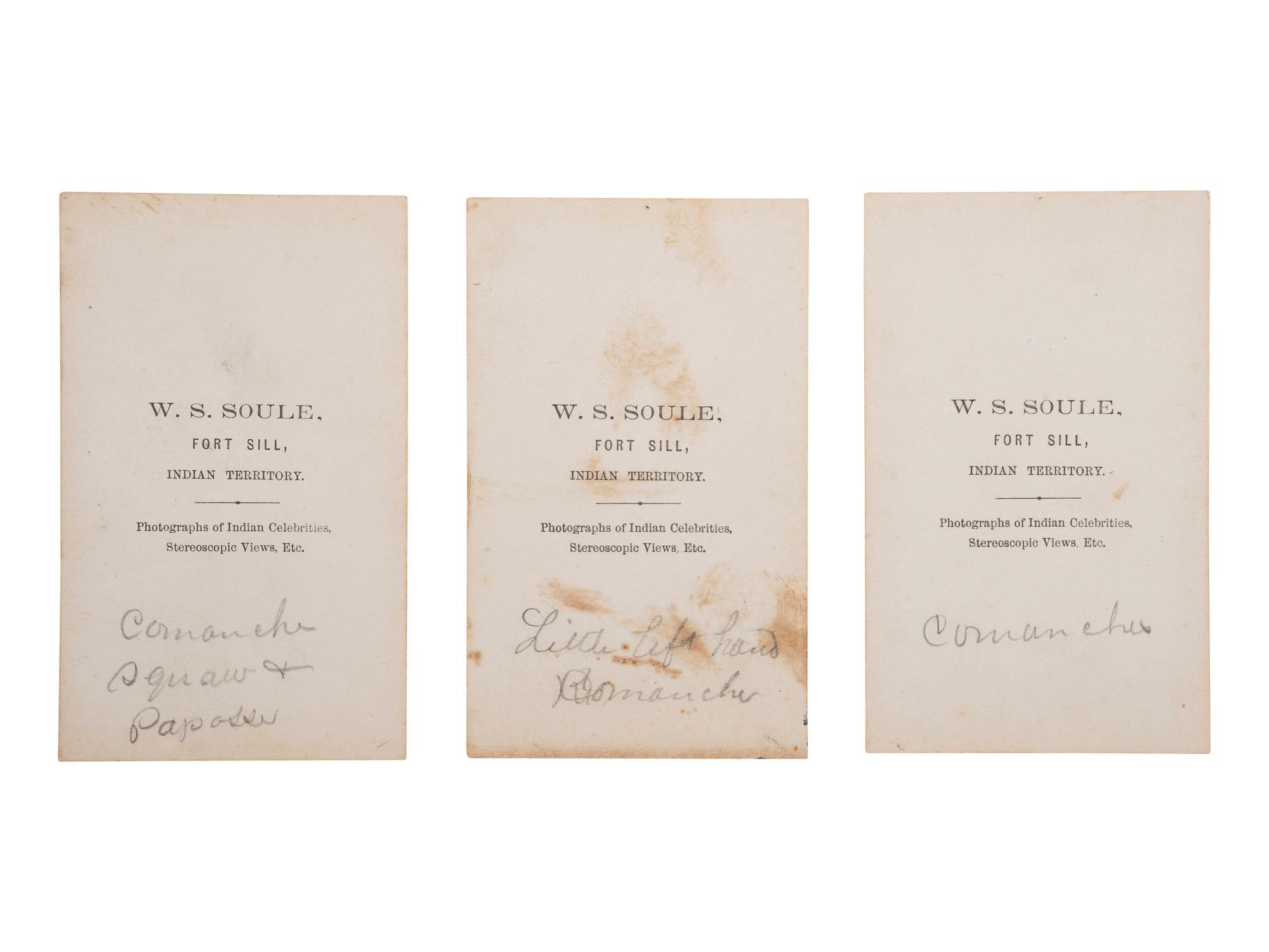 SOULE, William S. (1836-1908). A group of 3 CDVs of Comanche subjects. Fort Sill, Indian Territory. Ca late 1860s.