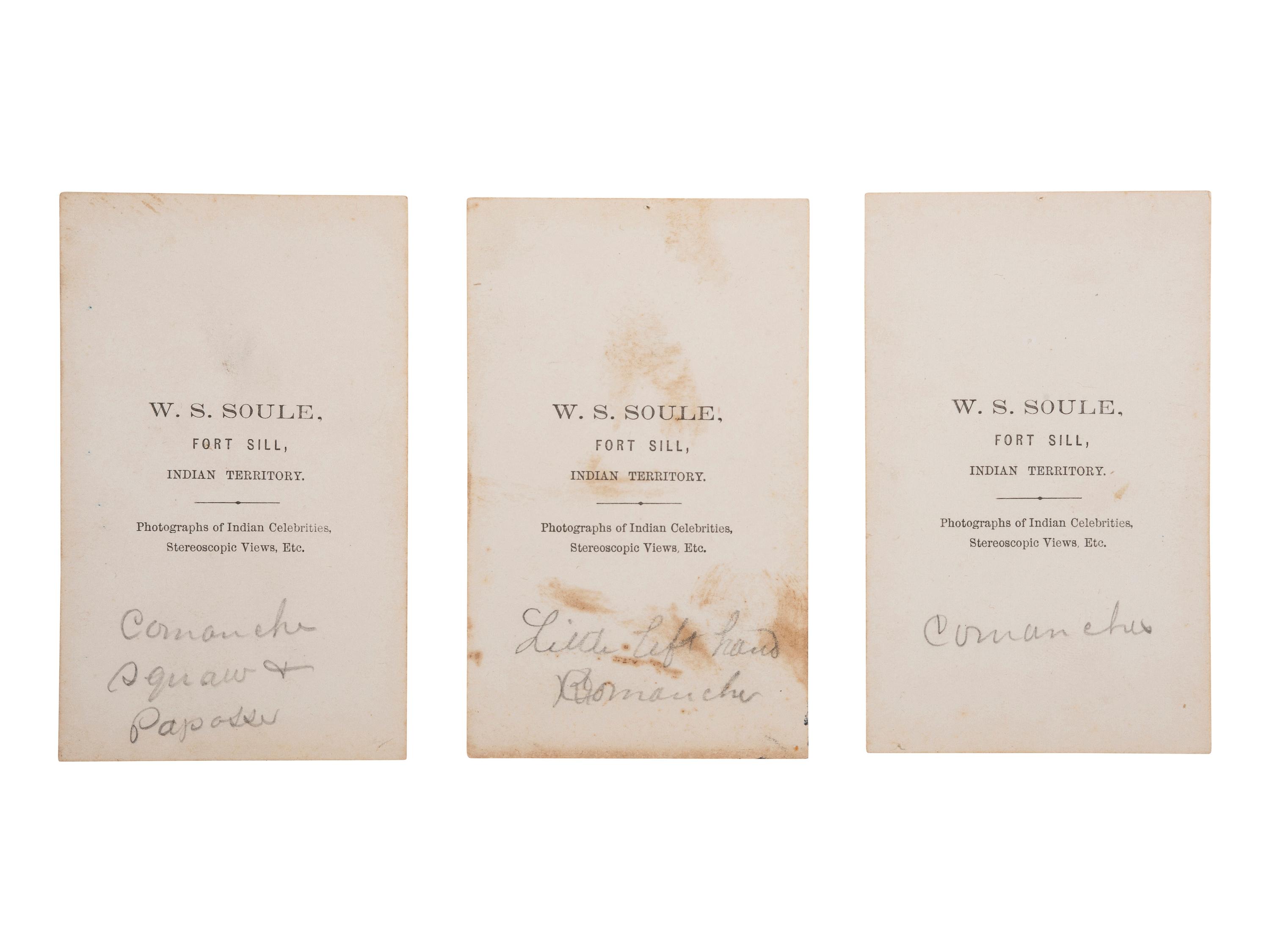 SOULE, William S. (1836-1908). A group of 3 CDVs of Comanche subjects. Fort Sill, Indian Territory. Ca late 1860s.
