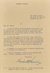 [Presidential] Hoover, Herbert. Typed letter, signed