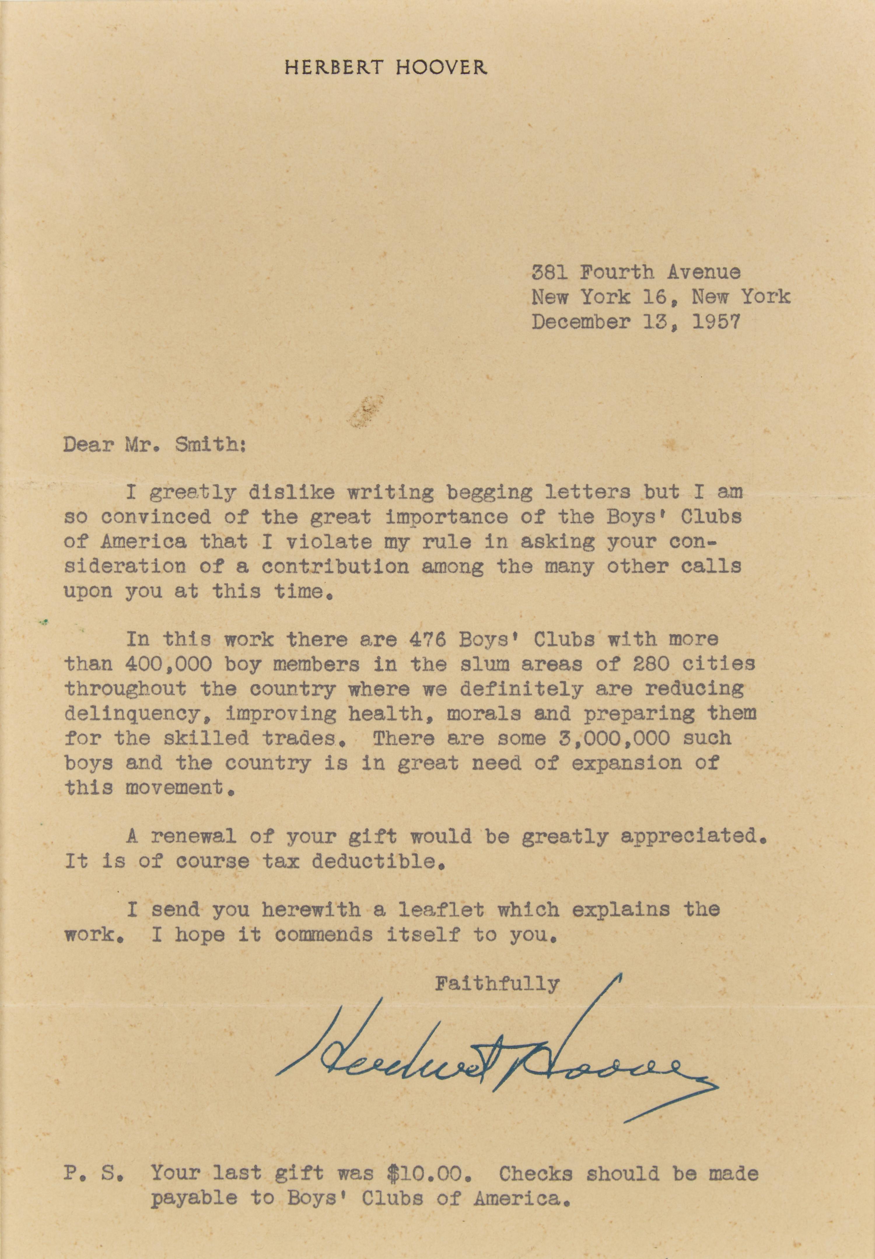 [Presidential] Hoover, Herbert. Typed letter, signed