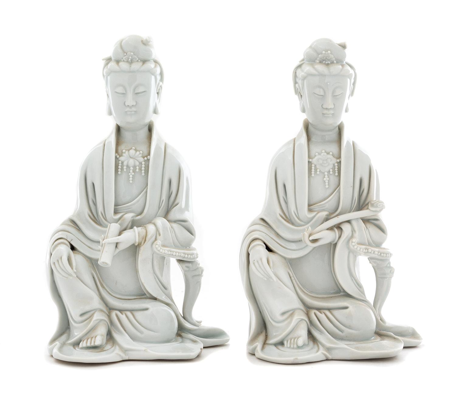 Two Chinese Blanc-de-Chinese Porcelain Figures of Guanyin