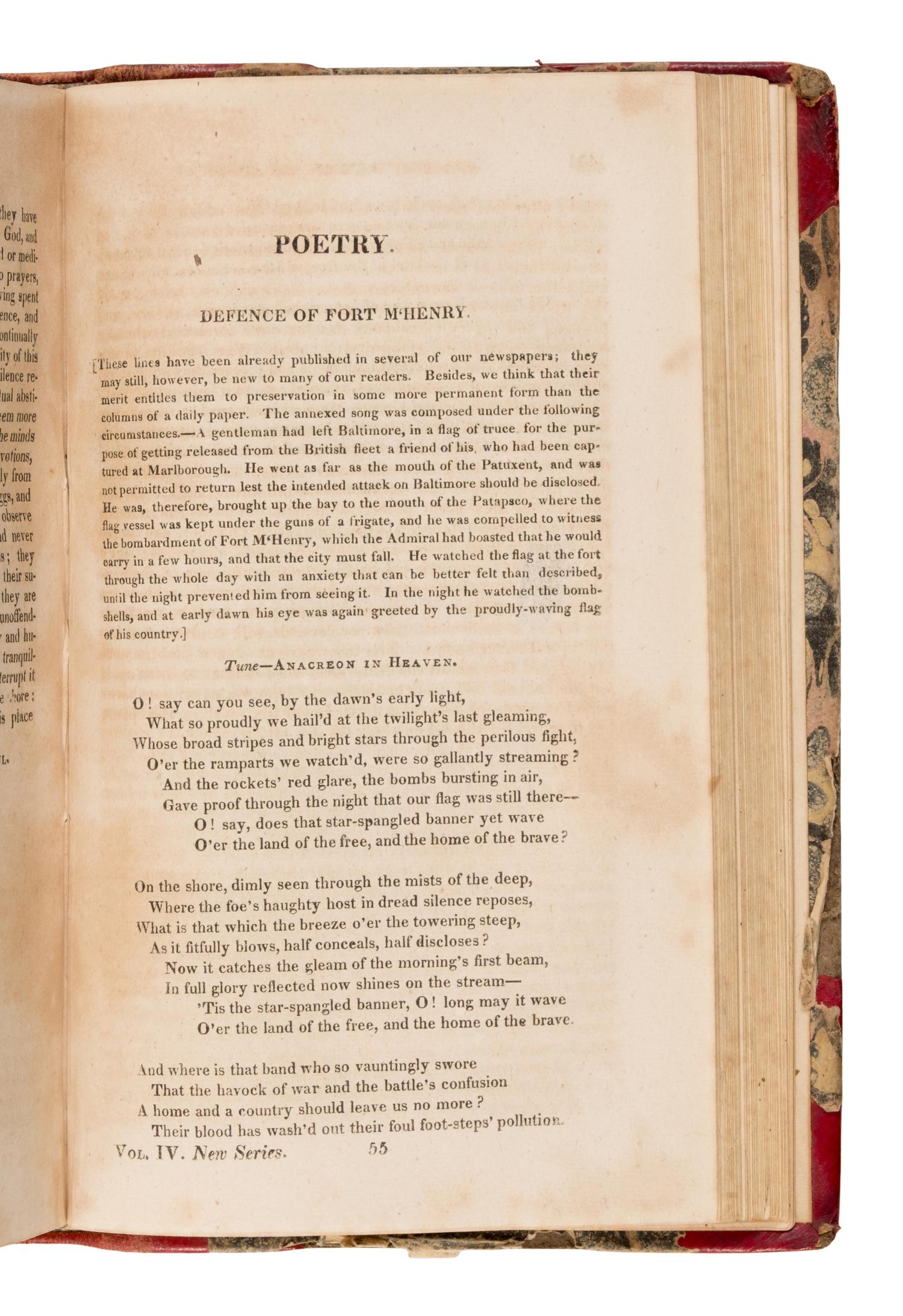 [Key, Francis Scott (1773-1843)]. "Defence of Fort M'Henry." In: The Analectic Magazine, Containing Selections from Foreign Reviews and Magazines... Volume IV . Washington Irving, editor. Philadelphia: Moses Thomas, 1814.