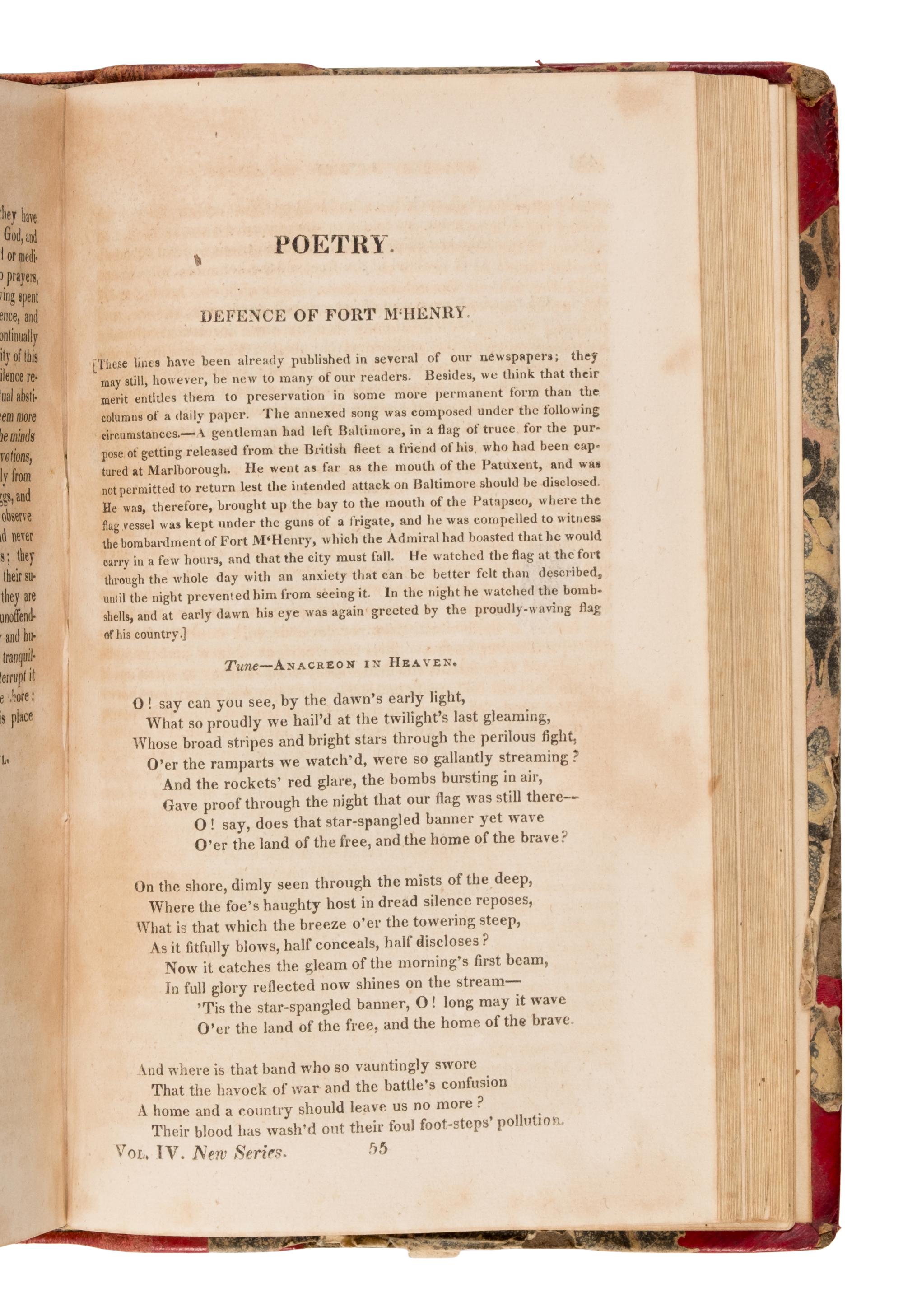 [Key, Francis Scott (1773-1843)]. "Defence of Fort M'Henry." In: The Analectic Magazine, Containing Selections from Foreign Reviews and Magazines... Volume IV . Washington Irving, editor. Philadelphia: Moses Thomas, 1814.