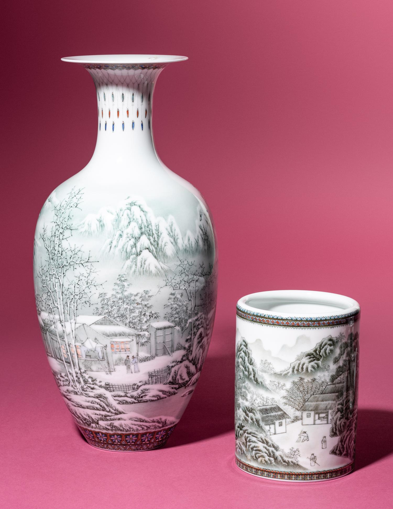 A Set of Seven Grisaille Decorated Porcelain Wares