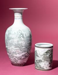A Set of Seven Grisaille Decorated Porcelain Wares