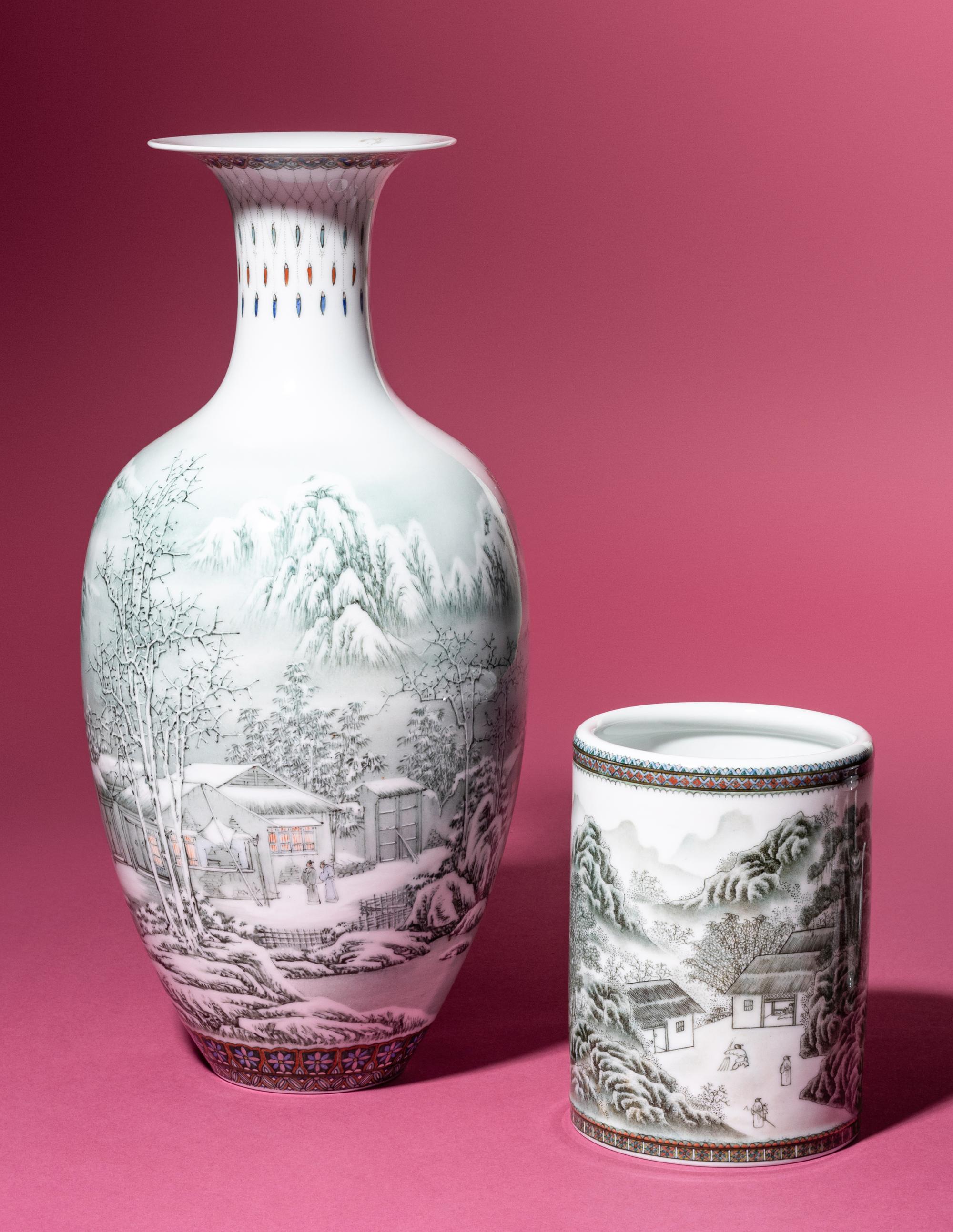 A Set of Seven Grisaille Decorated Porcelain Wares