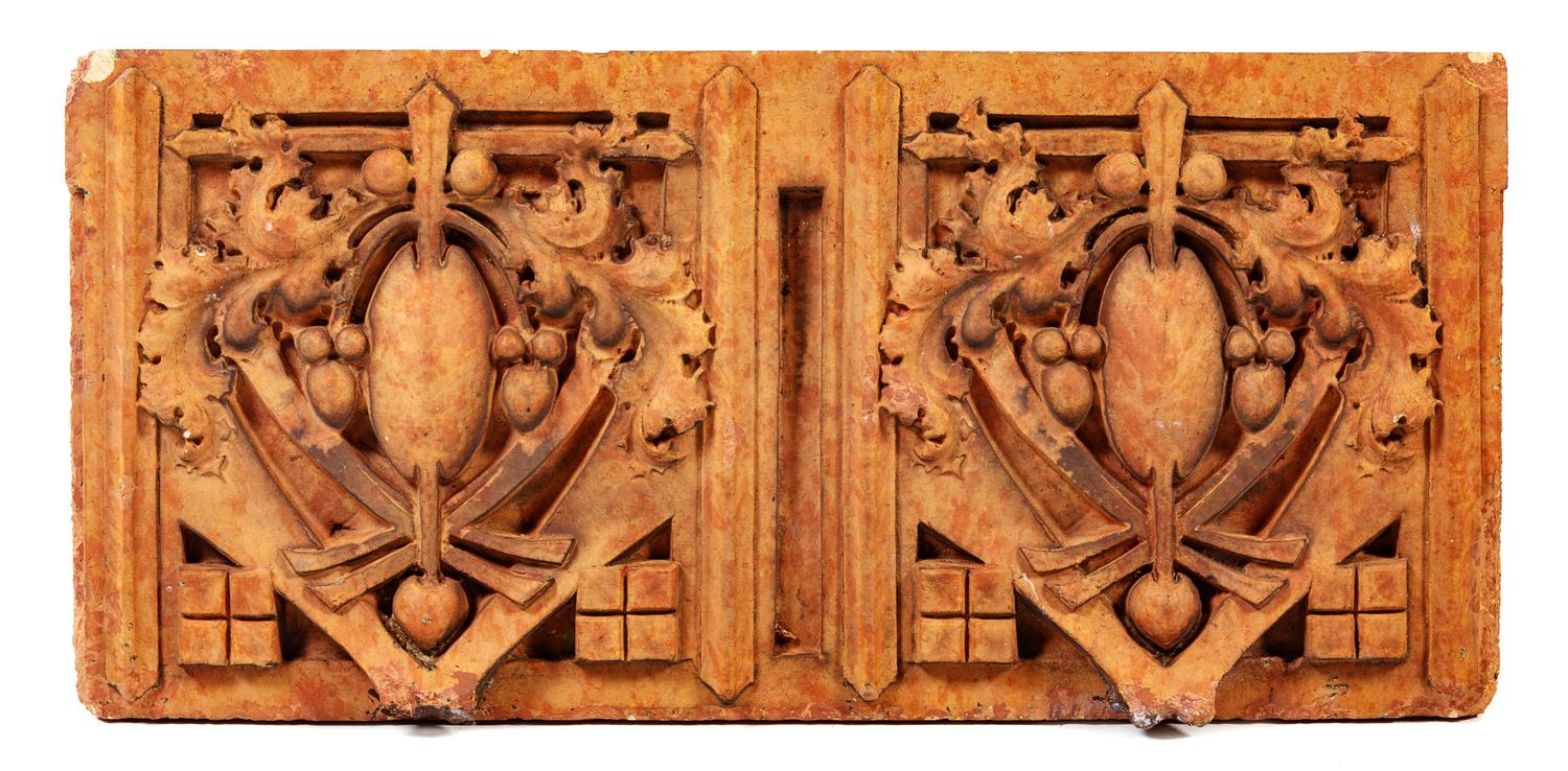 A George Grant Elmslie Edison School Terra Cotta Panel Height 13 3/4 x width 29 1/4 inches. — CIRCA 1936