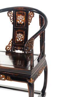 A Pair of Chinese Gilt Highlighted Black Lacquered Wood Armchairs and A Matching Rectangular Stand