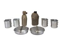 [MILITARIA]. World War II and Korean War-era canteens, canteen covers, and mess kits.