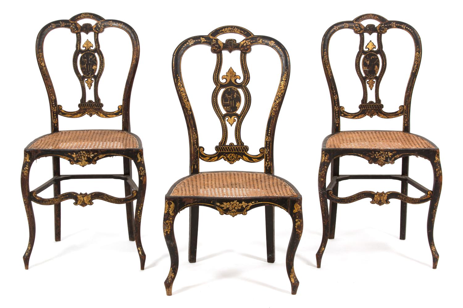 Three English Regency Ebonized and Gilt Decorated Side Chairs Height of tallest 32 3/4 inches. — 19TH CENTURY