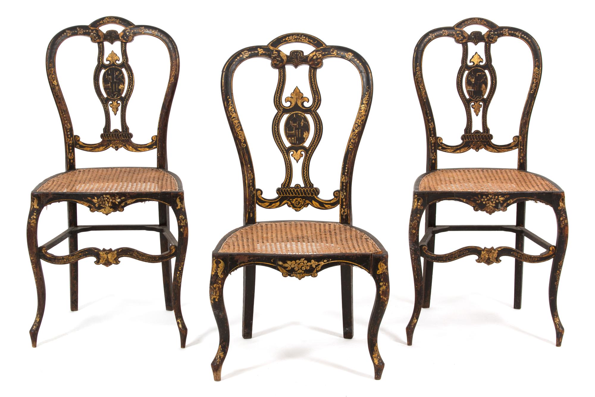 Three English Regency Ebonized and Gilt Decorated Side Chairs Height of tallest 32 3/4 inches. — 19TH CENTURY