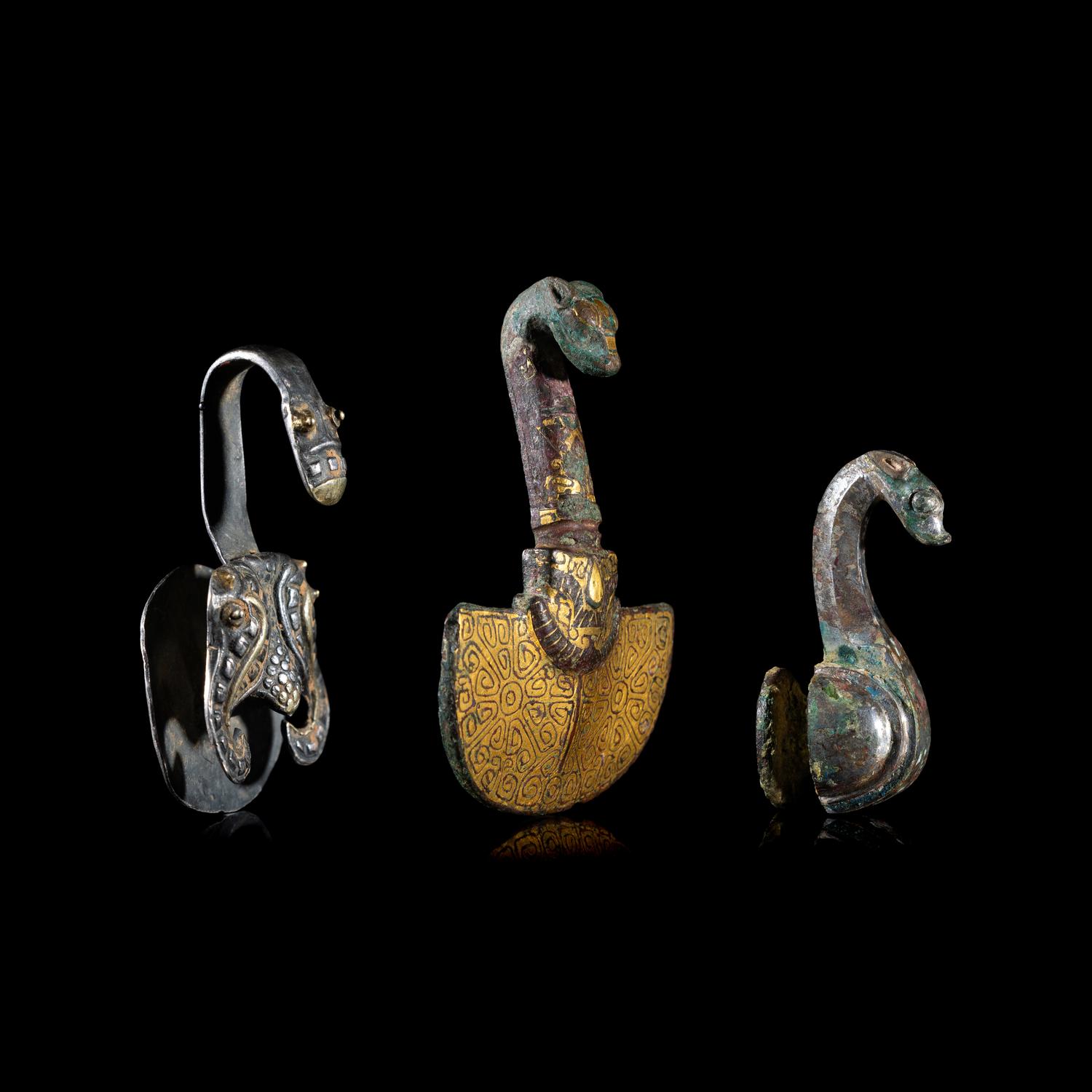 Three Chinese Metal Garment Hooks, Warring State Period-Han Dynasty 戰國-漢 帶 鉤 三件