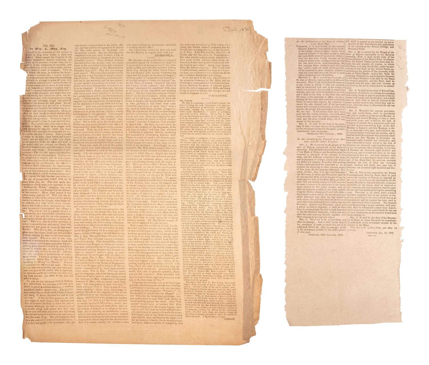 [POLITICS -- ILLINOIS]. A group of rare broadsides and bills related to Illinois politics in the first half of the 19th century.