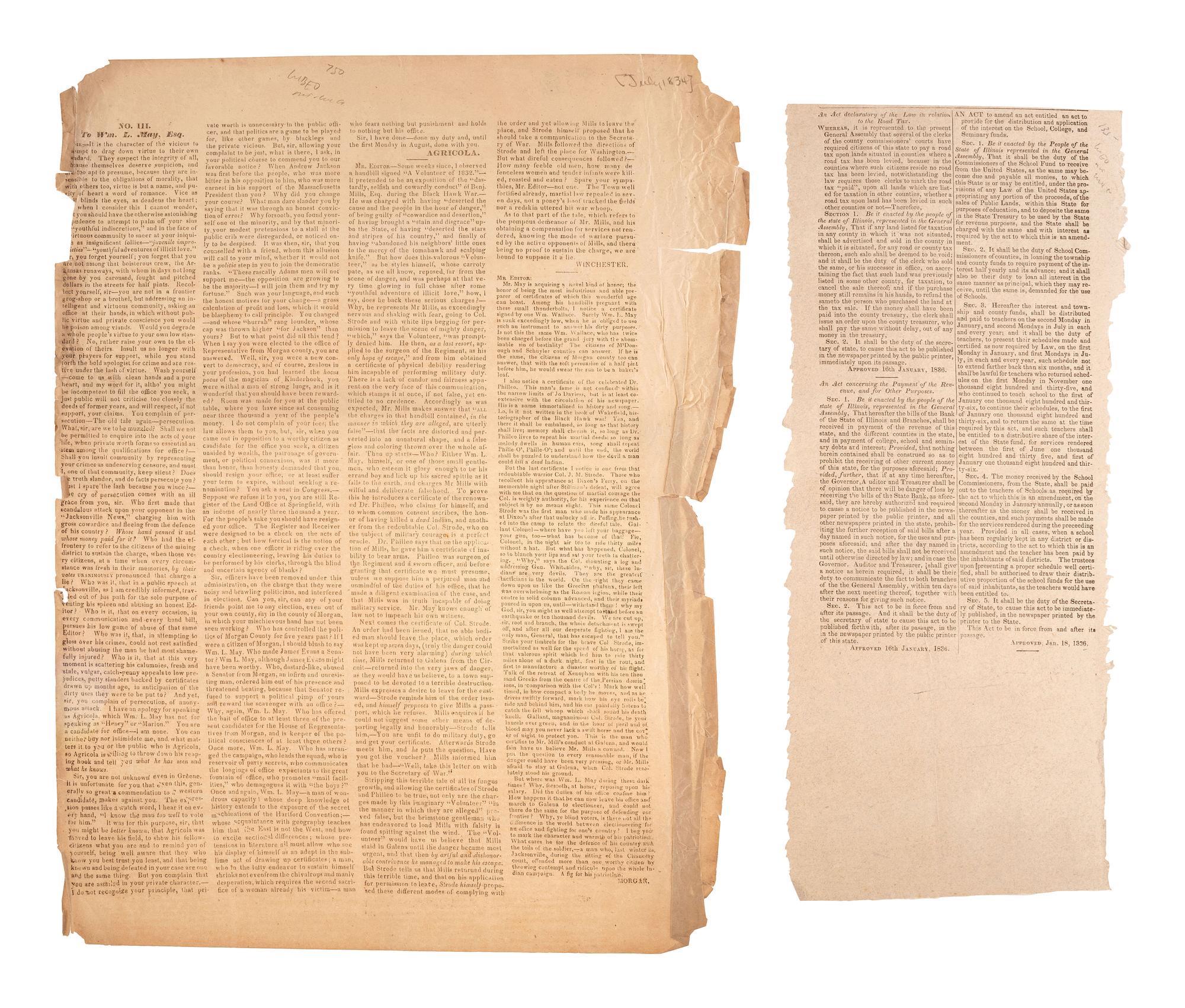 [POLITICS -- ILLINOIS]. A group of rare broadsides and bills related to Illinois politics in the first half of the 19th century.