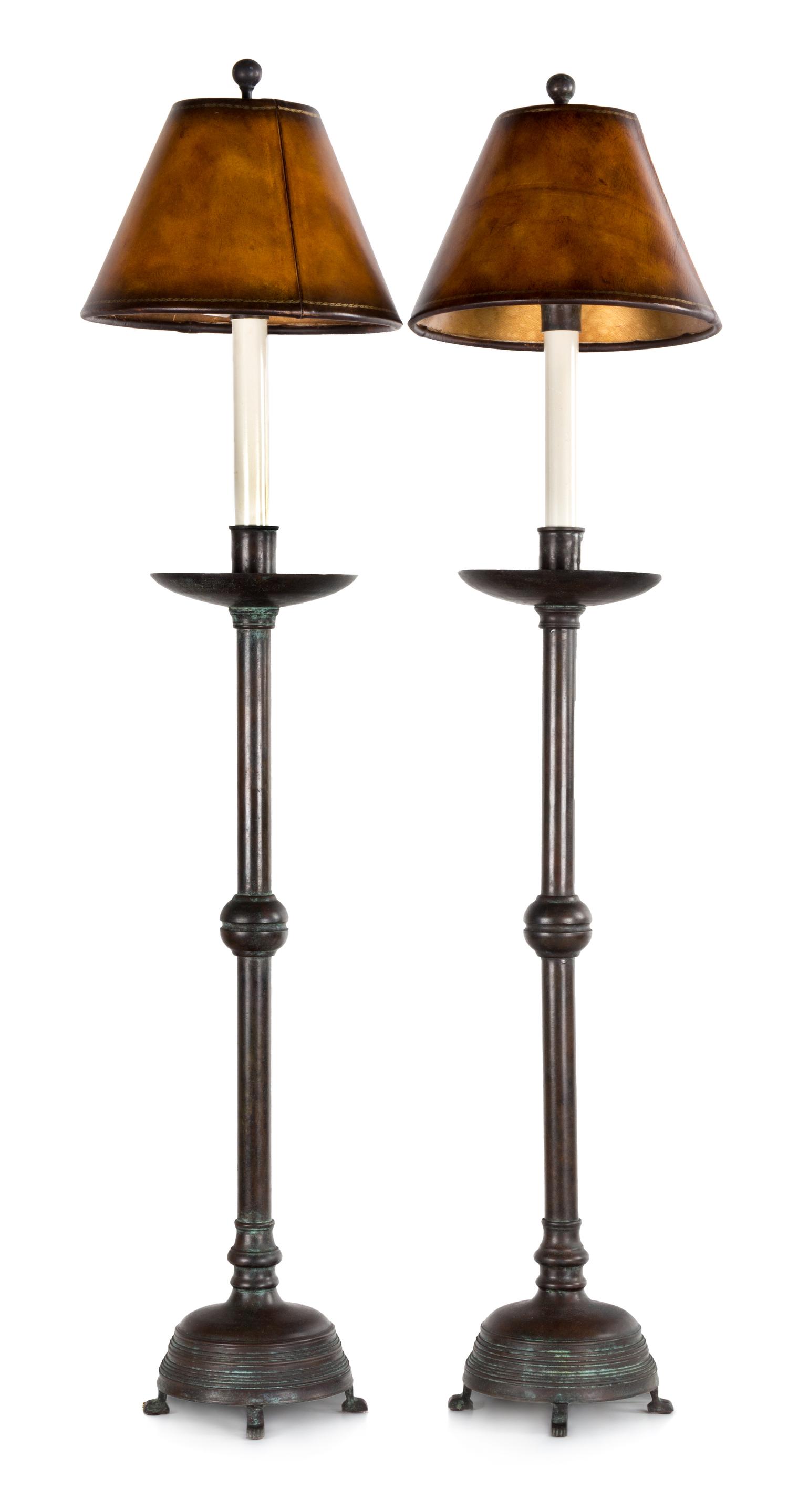 A Pair of Chinese-Style Patinated Metal Candlesticks Height 25 1/2 inches.