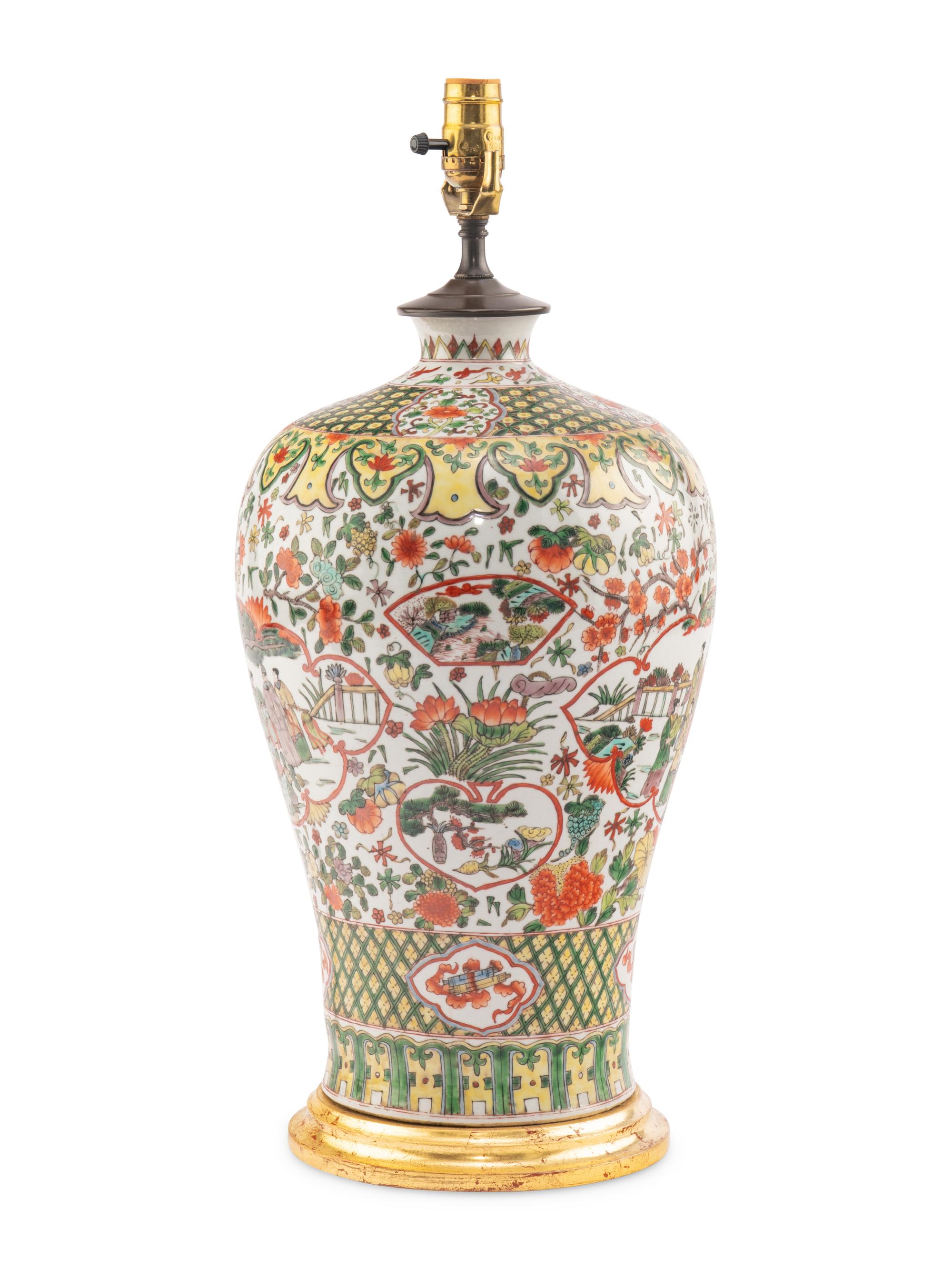 A Chinese Export Famille Jaune Porcelain Vase Mounted as a Lamp