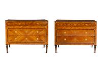 A Pair of Fine North Italian Neoclassical Walnut and Fruitwood Parquetry Commodes