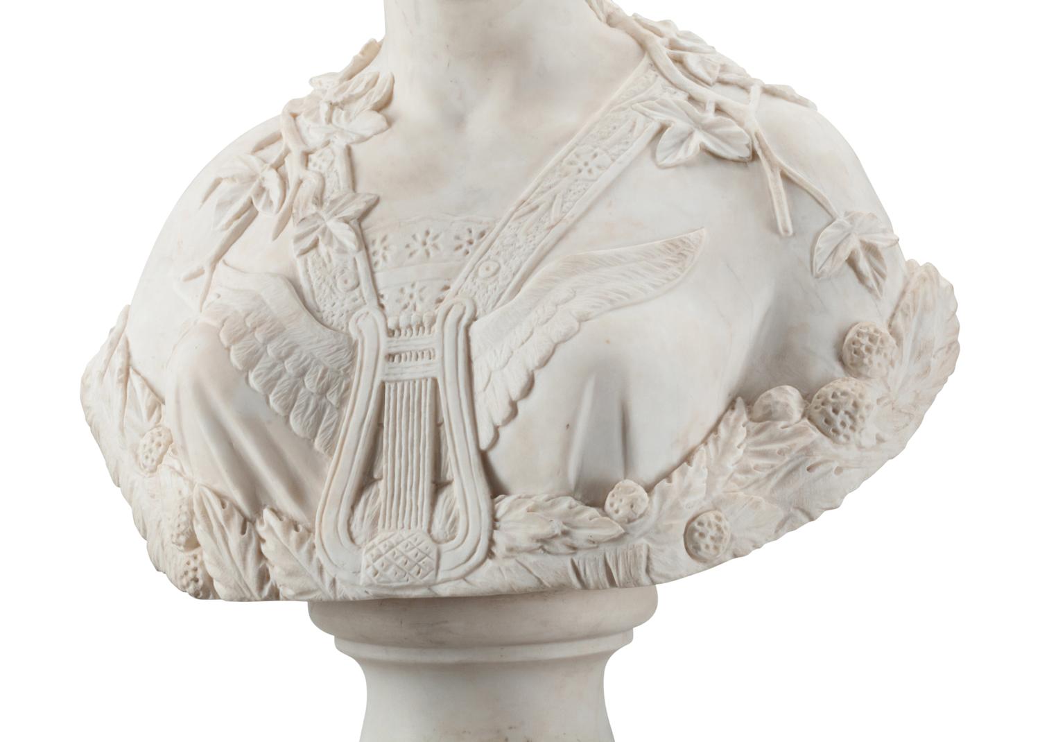An Italian Marble Bust with an Associated Line-Inlaid Mahogany Pedestal